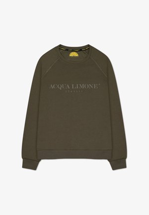 Olivgrön sweatshirt i mjukt material, med raglanärmar, ribbade muddar och ett fronttryck med texten "ACQUA LIMONE klassisk."