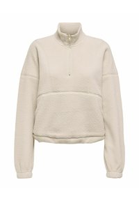Fleece pullover in light beige with a quarter-zip neckline. Features a textured fabric and dropped shoulder design, with elasticized cuffs.