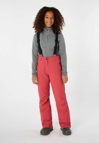 Pantalones de nieve rojos con tirantes negros ajustables, combinados con una camiseta de manga larga gris. La tela parece aislante y resistente a las inclemencias del tiempo.