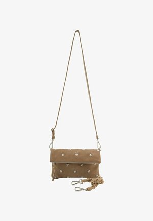 Tan suede handbag with a fold-over design, silver hardware, and decorative pearl-like accents. Includes a detachable knotted strap.