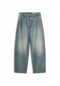 Blue wide-leg faded jeans with front pockets, belt loops, zipper, and button closure, laid flat on a white background.