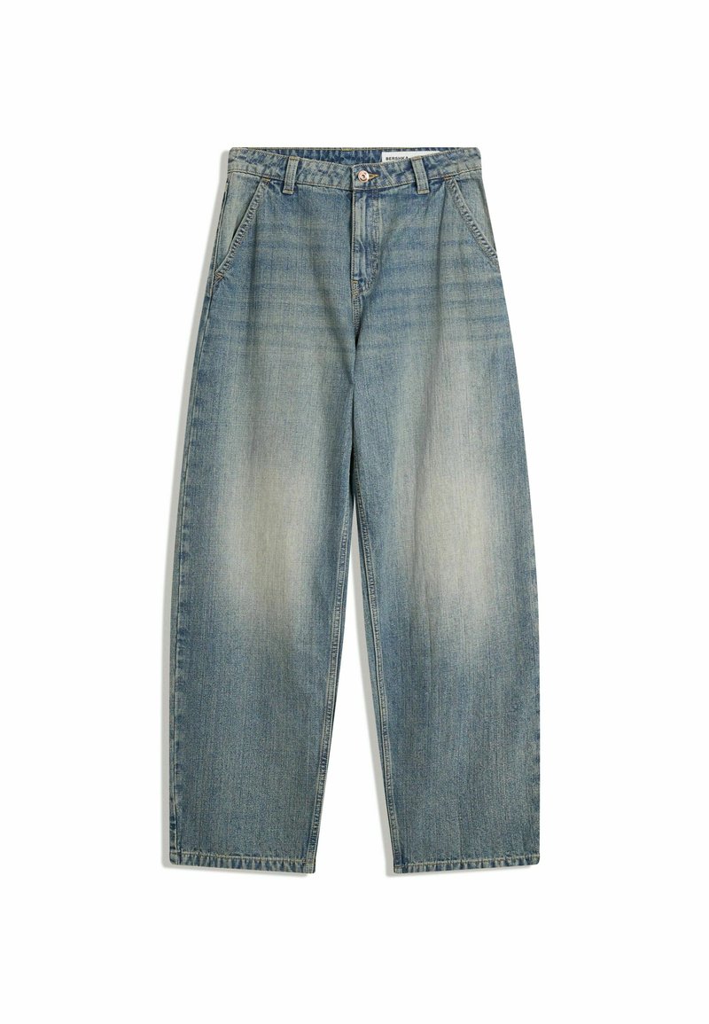 Blue wide-leg faded jeans with front pockets, belt loops, zipper, and button closure, laid flat on a white background.
