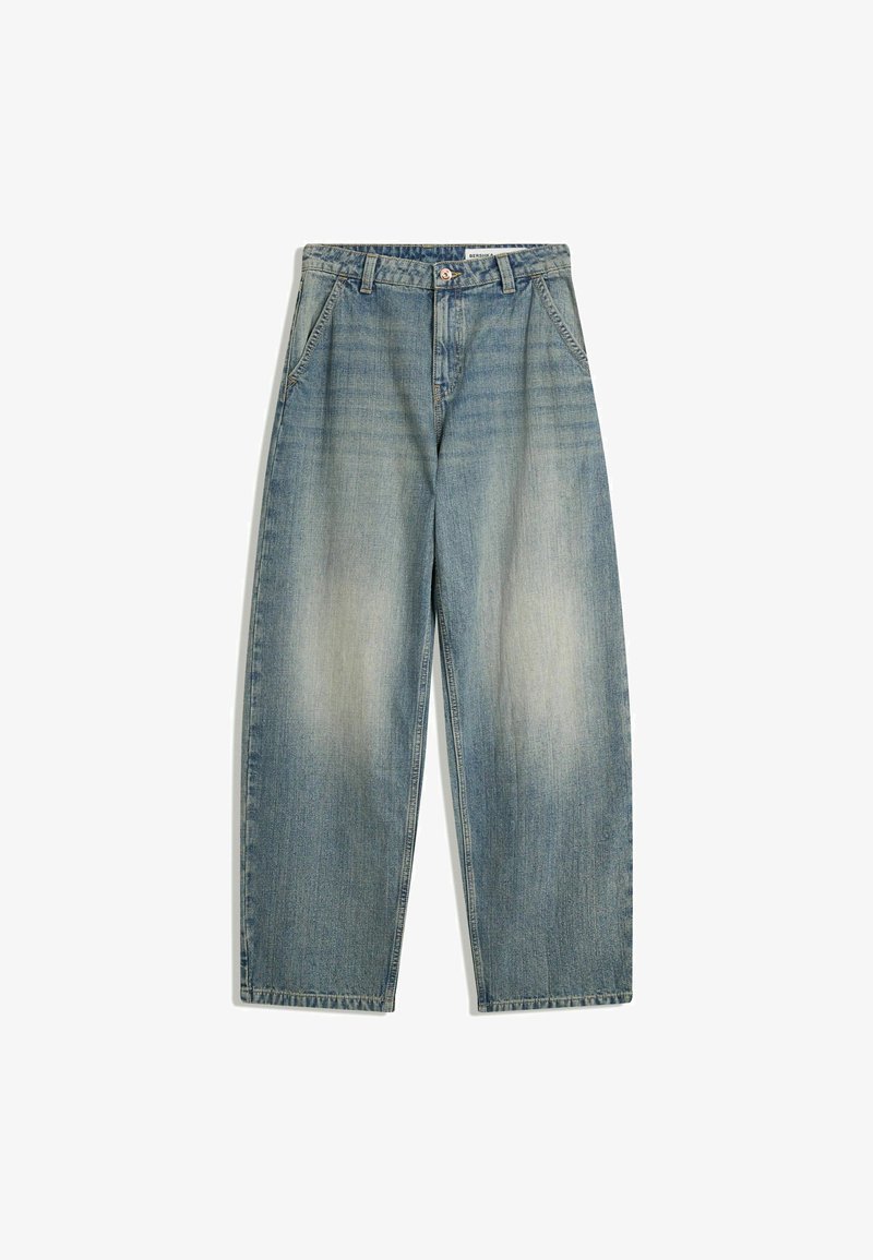 Blue wide-leg faded jeans with front pockets, belt loops, zipper, and button closure, laid flat on a white background.
