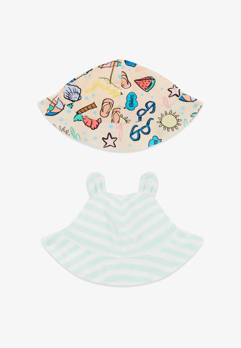 Deux petits chapeaux seau pour bébé, l'un beige avec des imprimés colorés sur le thème de l'été, l'autre rayé vert menthe et blanc avec de petites oreilles en tissu.