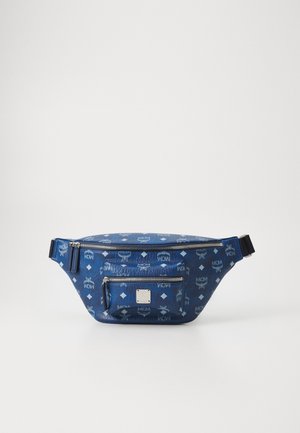 Blue fanny pack in coated textile featuring a repeating logo pattern, one front zipper pocket, and adjustable strap. Metal hardware accents.