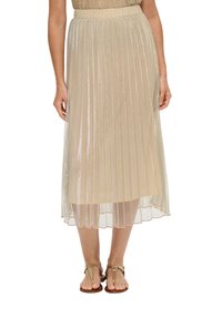 Jupe midi plissée en tissu léger et transparent beige clair avec un léger éclat, dotée d'une large ceinture et d'un design jusqu'à la cheville.