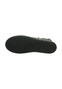 Black shoe sole with a rounded pattern of small circles, flat design, rubber material, and a slightly raised lip along the edge.