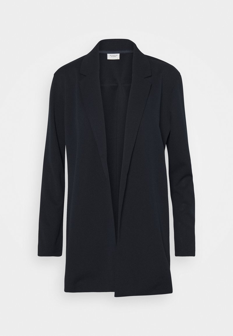 Blazer noir ouvert à l'avant en tissu lisse, avec manches longues et coupe légèrement cintrée, sans fermetures ni ornements visibles.