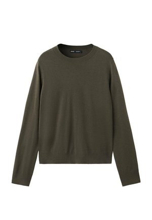 Pull vert olive à manches longues, col rond avec col, poignets et ourlet côtelés, présenté sur fond blanc.