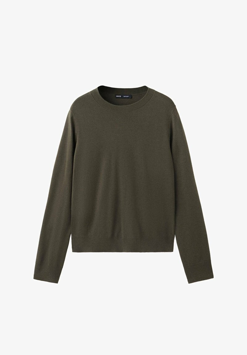 Pull vert olive à manches longues, col rond avec col, poignets et ourlet côtelés, présenté sur fond blanc.