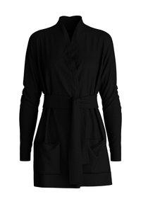 Zwarte lange mouwen cardigan met frontzakken, geribbelde manchetten en zoom, open voorkant met brede kraag en een bijpassende riem die in de taille is gestrikt.