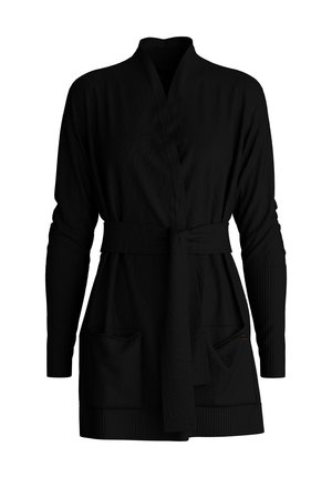 Cardigan noir à manches longues avec poches avant, poignets et ourlet côtelés, devant ouvert avec un large col, et une ceinture assortie nouée à la taille.