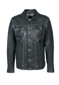Chaqueta de cuero negra con cuello, que cuenta con dos bolsillos en el pecho, cierre frontal de botones y costuras blancas en contraste. Textura suave y ajuste estructurado.