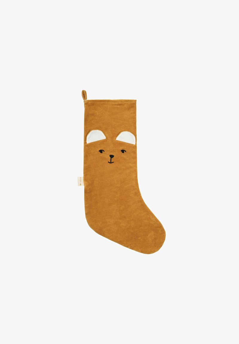 Brown plush Christmas stocking featuring a bear face design with white ears and black embroidery. Includes a hanging loop at the top.