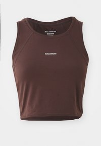 Smešani bež top bez rukava izrađen od glatkog materijala, s okruglim izrezom i šivenim detaljima. "SALOMON" logo u bijeloj boji na prednjoj strani.