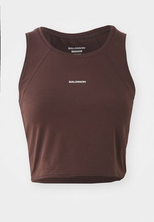 Braunes ärmelloses Tanktop aus glattem Stoff, mit Rundhalsausschnitt und genähten Akzenten. "SALOMON"-Logo in Weiß auf der Vorderseite.