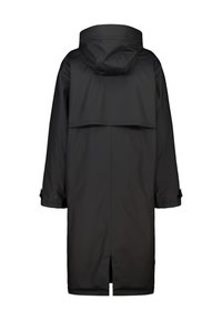 Black waterproof coat featuring a hood, long sleeves, and a rear vent. Made from smooth fabric with an inlaid back panel design.