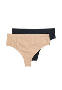 Zwei nahtlose Tanga-Unterwäsche in Beige und Schwarz, flach auf einem weißen Hintergrund ausgelegt.
