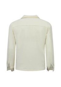 Crèmekleurig shirt met lange mouwen, een kraag, geribde textuur, knoopmanchetten en zijsplitten voor bewegingsvrijheid. Achteraanzicht weergegeven.