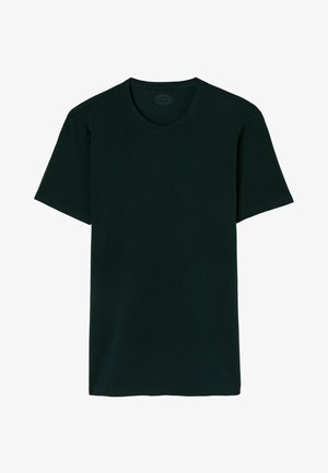 T-shirt vert foncé à manches courtes en coton doux, avec un col rond et une coupe droite, dotée de bords cousus. Sans motifs ni designs.