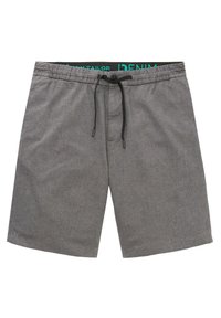 Pantaloni corti grigi realizzati in un tessuto testurizzato, dotati di una vita elastica con coulisse e logo del brand a contrasto all'interno.