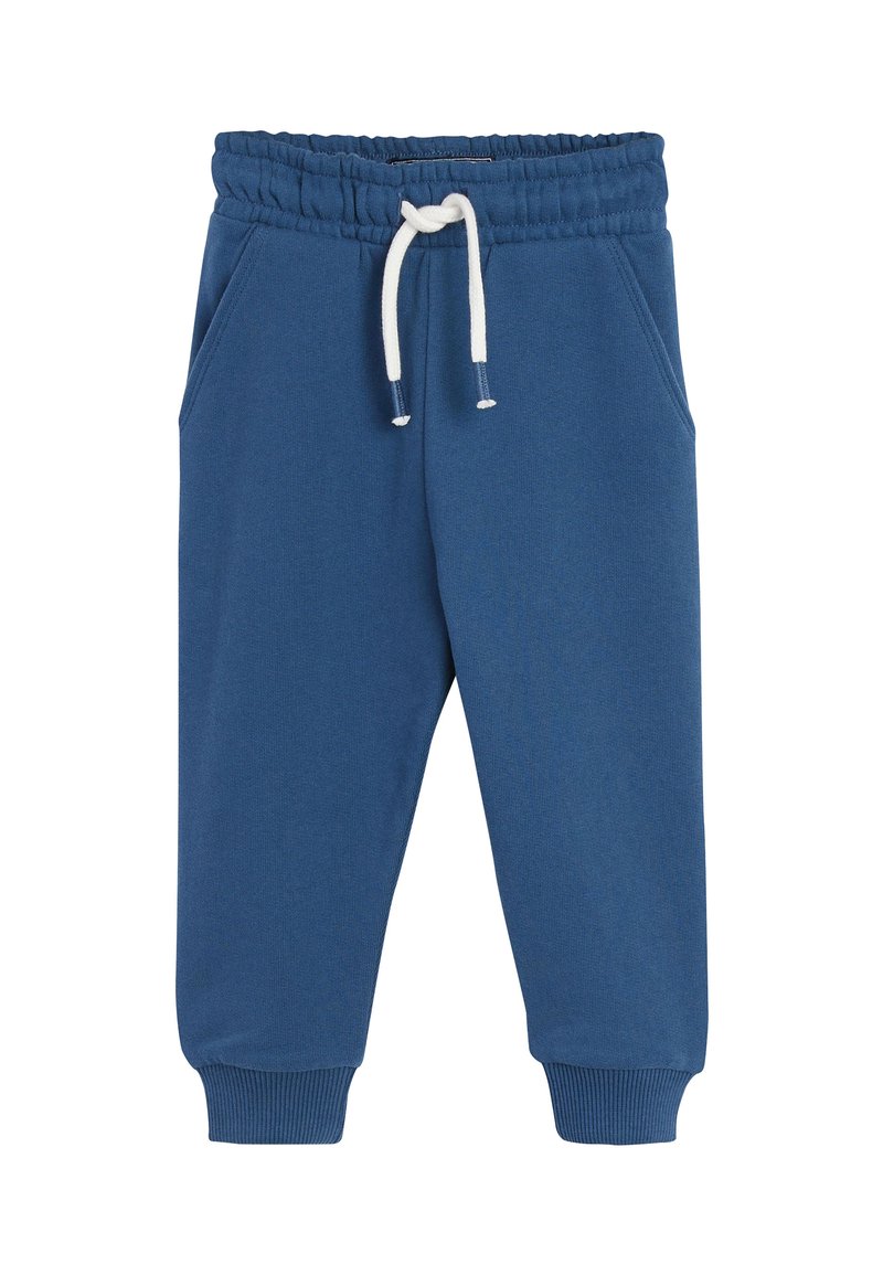 Blå bomulds sweatsbukser med elastisk talje, justerbar snøring, sidelommer og ribbede manchetter ved anklerne.