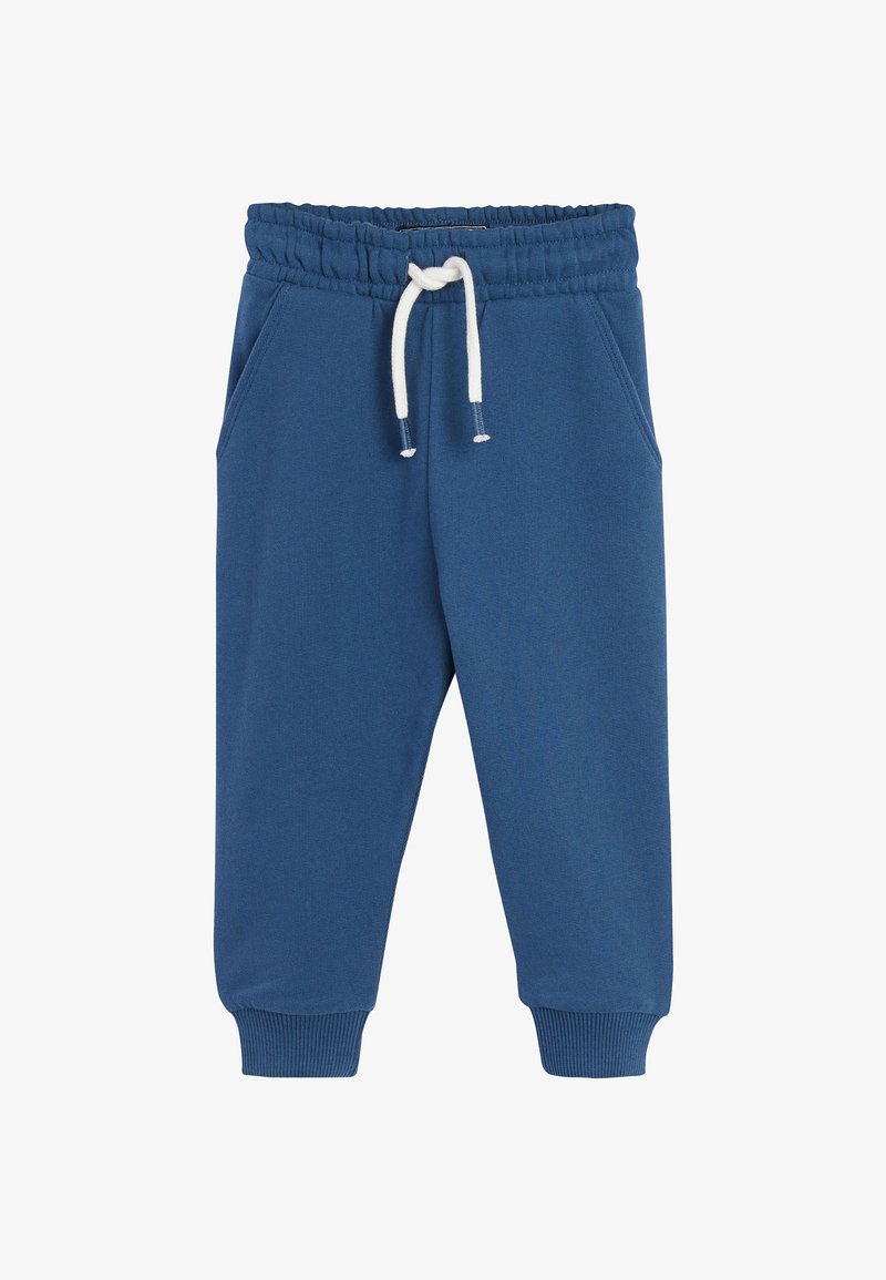 Blå bomulds sweatsbukser med elastisk talje, justerbar snøring, sidelommer og ribbede manchetter ved anklerne.