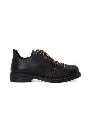 Black leather shoe with a rounded toe, front lacing, and contrasting tan stitching, featuring a low heel and smooth texture.