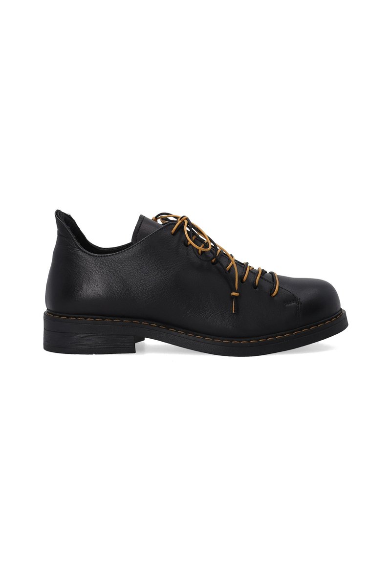 Schwarze Lederschuhe mit rundem Zeh, vorne geschnürt und mit kontrastierenden, tanfarbenen Nähten, ausgestattet mit einem niedrigen Absatz und glatter Textur.