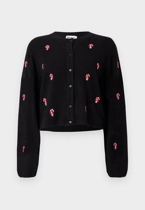 Cardigan corto nero con ricamo di bastoncini di zucchero rossi e bianchi, maniche lunghe e chiusura con bottoni. Tessuto a maglia morbido.