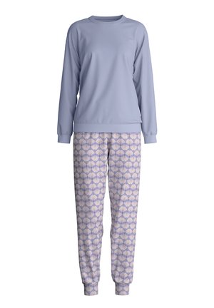 Light blue long-sleeve sweatshirt with ribbed cuffs paired with patterned pastel joggers featuring floral shapes in light and dark purple.