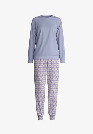 Felpa azzurro chiaro a maniche lunghe con polsini a costine abbinata a pantaloni jogger pastello a motivo floreale con forme floreali in viola chiaro e scuro.