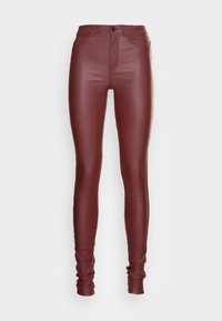 Burgundské legíny z imitace kůže se slim fit střihem, vysokým pasem, předními kapsami a prošívanými detaily, nabízející hladkou lesklou texturu.