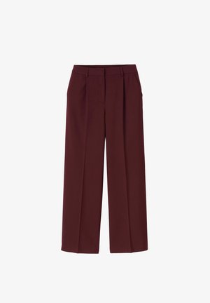 Pantalons larges bordeaux au design ajusté, présentant des plis à l'avant, des poches latérales et une texture lisse.
