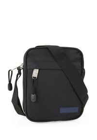 Bolso negro de hombro hecho de tela duradera. Forma cuadrada, cuenta con un cierre de cremallera, correa ajustable y una etiqueta de logo azul. Superficie texturizada.