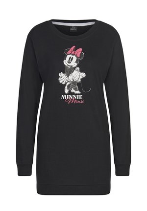 Felpa nera a maniche lunghe con grafica di Minnie Mouse e un fiocco rosa, realizzata in stoffa morbida, con colletto rotondo e polsini a coste.