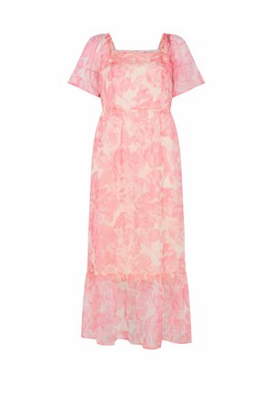 Abito midi rosa floreale con maniche corte a sbuffo, scollo quadrato e orlo arricciato su sfondo bianco.