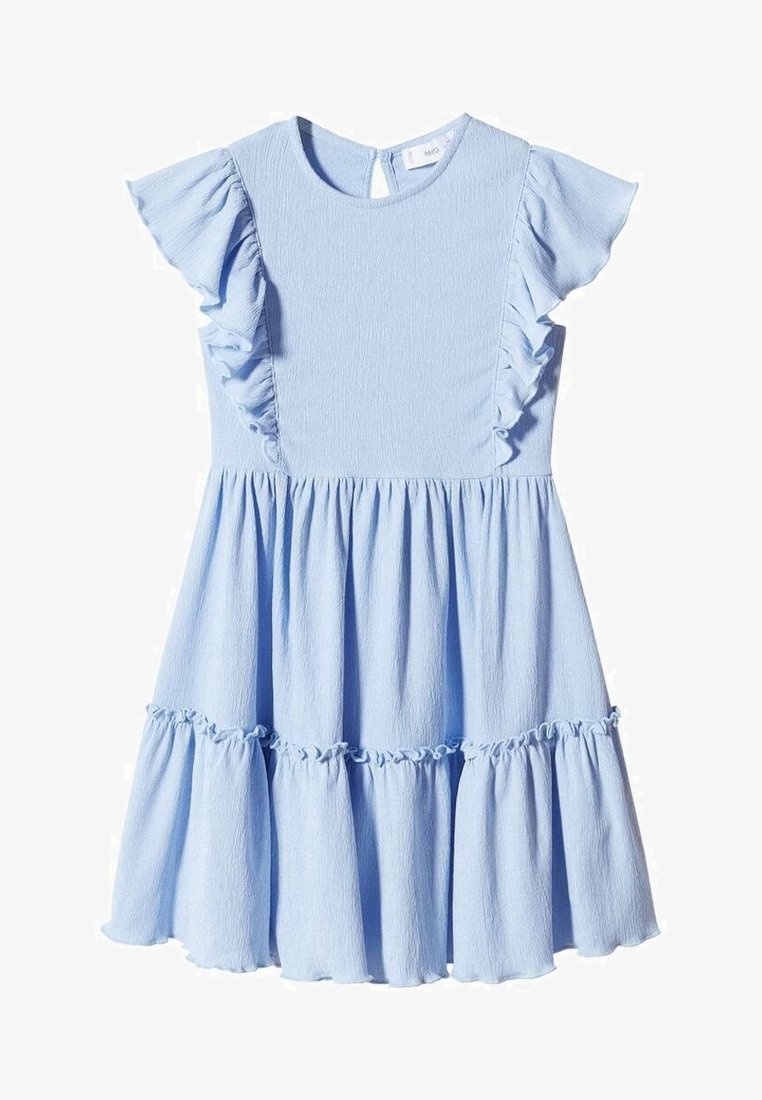 Hellblaues Kleid mit Rüschensleeves, Rundhalsausschnitt und geraffter Taille. Verfügt über einen ausgestellten Rock mit Rüschensaum. Hergestellt aus strukturiertem Stoff.