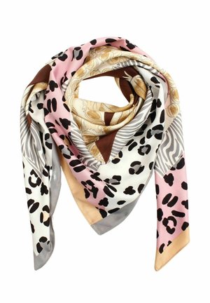 Silk scarf with mixed animal prints and floral patterns in pink, beige, brown, white, and gray tones, folded in a triangular shape.