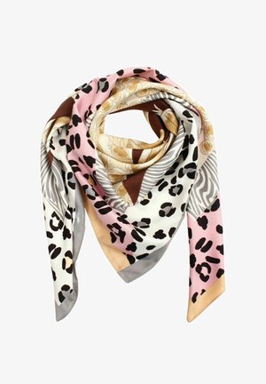 Silk scarf with mixed animal prints and floral patterns in pink, beige, brown, white, and gray tones, folded in a triangular shape.