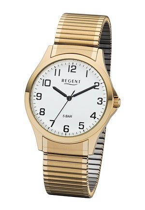 Montre-bracelet en or avec cadran blanc, chiffres noirs et aiguilles indiquant 10:10:35, marque Regent, étanche 5 bars, et bracelet métallique extensible.