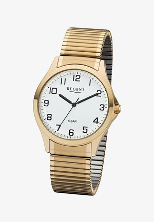 Montre-bracelet en or avec cadran blanc, chiffres noirs et aiguilles indiquant 10:10:35, marque Regent, étanche 5 bars, et bracelet métallique extensible.