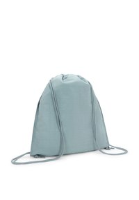Zaino in tessuto blu chiaro con cordino, dotato di due spallacci, su sfondo bianco.