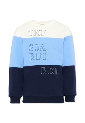 Felpa con scollo a giro con blocchi di colore orizzontali bianco, azzurro chiaro e blu scuro e scritta frammentata ricamata "TRUSSARDI" sul davanti.