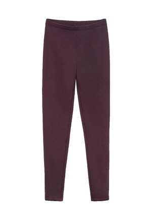 Bordeauxfarbene Leggings aus einem dehnbaren Stoff, mit einer engen Passform und einem elastischen Bund. Glatte Textur ohne sichtbare Muster.