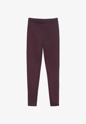 Burgundy leggings made from a stretchy fabric, with a fitted shape and an elastic waistband. Smooth texture with no visible patterns.
