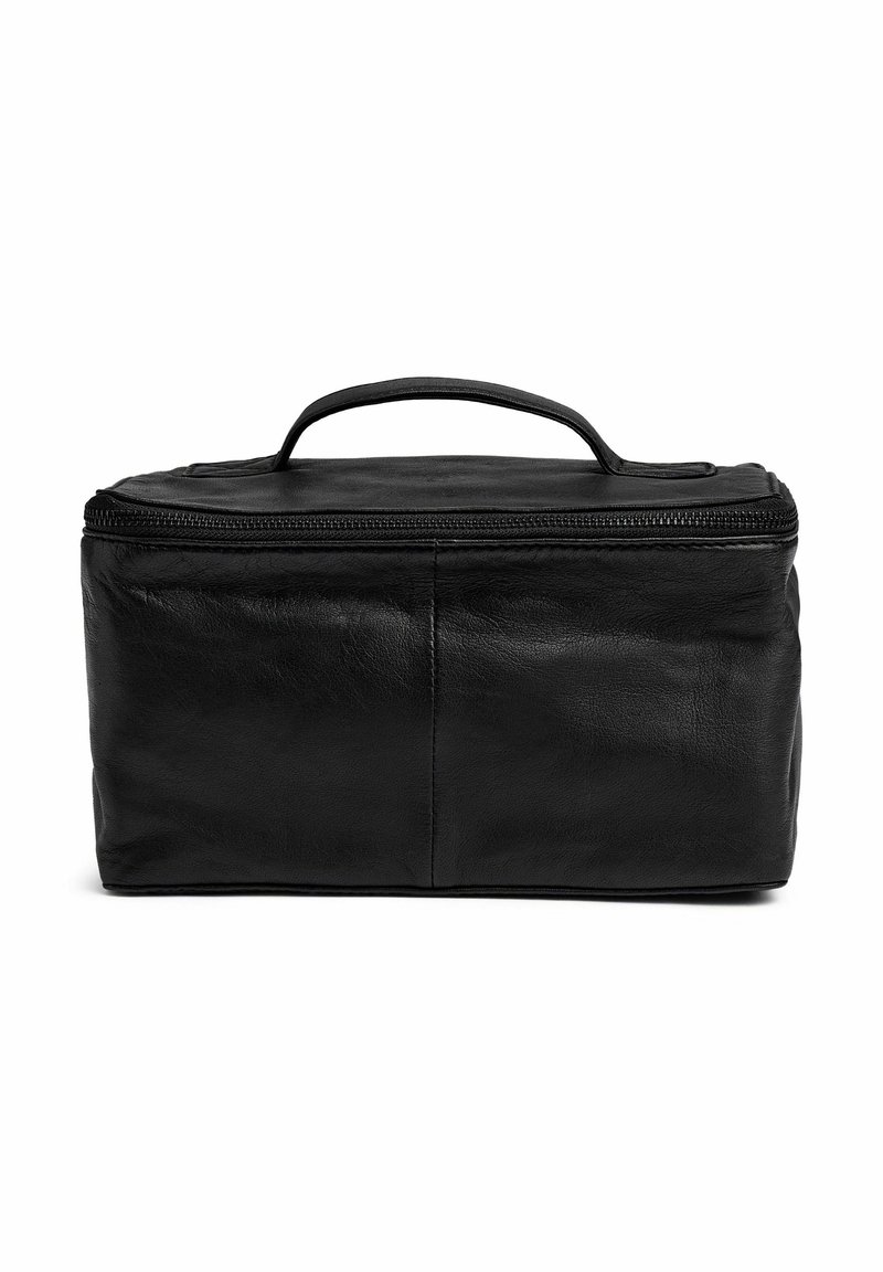 Fekete bőrtáska téglalap alakú, cipzáras záródással és felső fogantyúval. Simaság jellemzi, minimális varrással és látható márkajelzés nélkül.