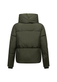 Dark green padded winter jacket with high collar, long sleeves, and subtle logo details on back collar and sleeve.