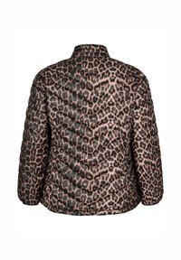Giacca imbottita con motivo in stampa leopardata nei toni del nero e del rosa, con colletto alto e texture trapuntata. Vista posteriore mostrata.