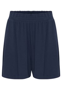 Shorts bleu marine à taille élastique avec une coupe ample, fabriqués à partir d'un tissu doux. Comprend des plis verticaux pour une texture supplémentaire.